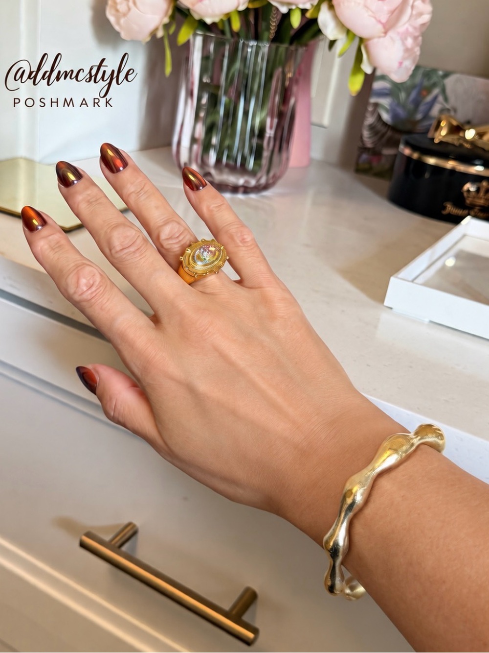 Kurt Geiger Gold evil eye statement cocktail Ring with Pink Center 8